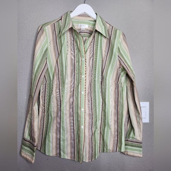 Loft green striped button down shirt - Picture 1 of 5